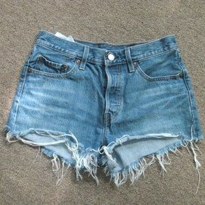 Levi's 501 Red Tag Button Fly Cut Off Blue Jean Denim Shorts Distressed sz 27